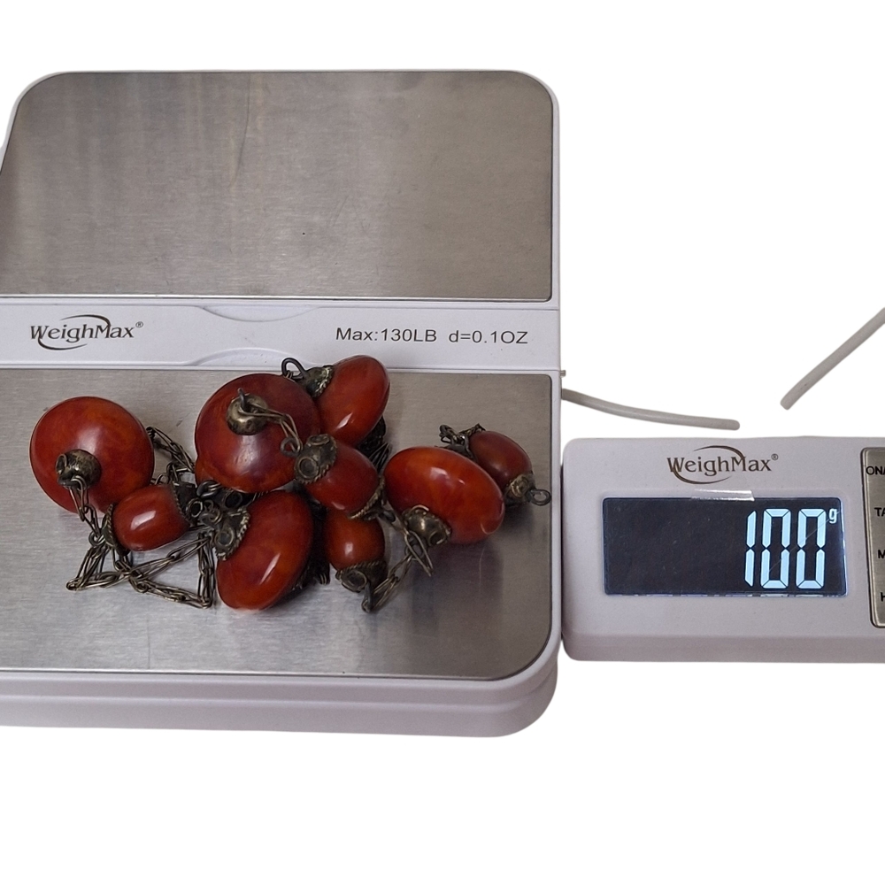 Vtg Cherry Red Bakelite Beaded Station Necklace 32" 100g Silver Tone Chain - Picture 3 of 12